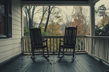 A pair of wooden rocking chairs sit on a traditional porch, overlooking the tranquil autumn countryside, inviting relaxation and nostalgia for simpler times.