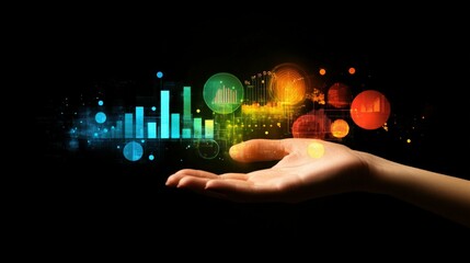 Business KPI concept with virtual icons, hand reaching toward metrics, dark background,