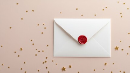 Minimalist white envelope with a red wax seal, placed on a beige surface, tiny gold star confetti scattered around, .