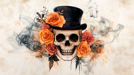 Skull in Top Hat with Orange Roses   Smoke  Gothic  Vintage  Day of the Dead Art