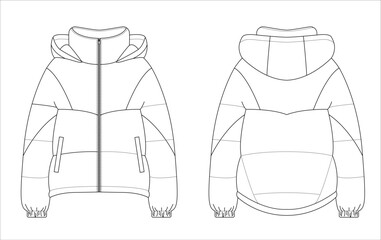 Short puffer jacket with a high collar, hood, front zipper, side pockets, and elastic cuffs depicted as a technical sketch in a minimalist design