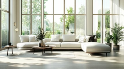 Fototapeta premium woman vacuuming bright living room, modern furniture and decor in minimalistic style, large windows letting in natural light