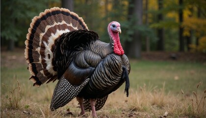 Wild turkey with flowing tail in natural landscape