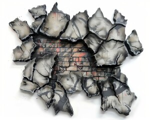 A striking 3D mural of cracked wall revealing a brick backdrop, showcasing intricate gray textures...