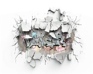 A striking graffiti artwork breaks through a cracked wall, showcasing vibrant urban artistry.