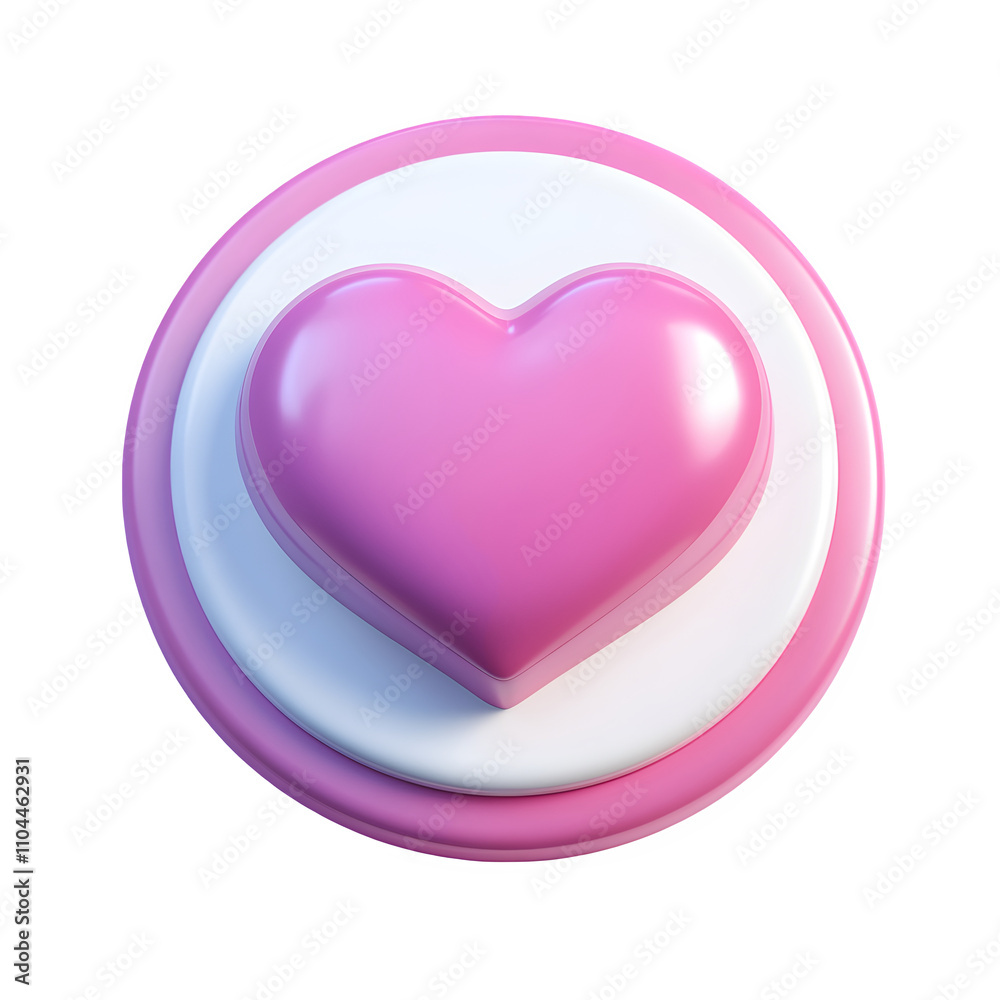 Poster 3d rendering of a pink heart icon on a circular base, representing love, care, and affection, with a