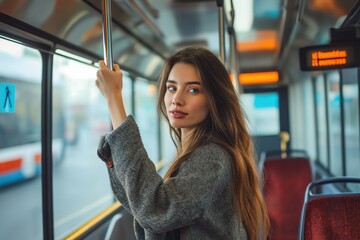 Woman stands on public transport holding metal handle. Looks at camera. Woman travel in modern tram bus. City view visible through windows. Urban scene. Everyday life. Transport scene. Modern