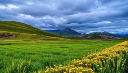 Fototapeta premium a green field with yellow flowers and mountains in the background