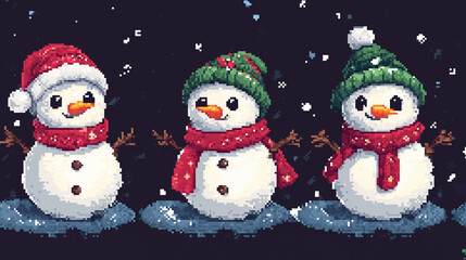 Set of snowman wearing Santa hats and Christmas scarves pixel art style, vector illustration isolated on blue background. of snowman with hats and scarves, winter joy in pixel art