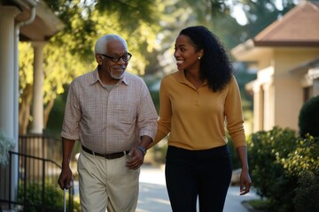 Happy African American daughter walks with senior father outside nursing home. Family bonding moment. Senior man uses cane. Support, care evident. Relationship between generations. Positive senior
