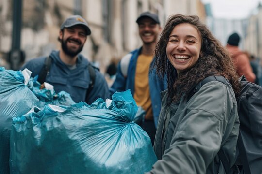 Volunteers celebrate after a successful community clean-up event in the city center on a sunny afternoon - Powered by Adobe