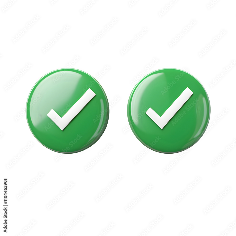 Poster 3d rendering of two green buttons with white check marks, symbolizing approval, acceptance, and posi