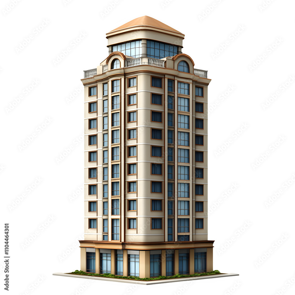 Poster contemporary high-rise apartment building set against a clear background, ideal for architectural re