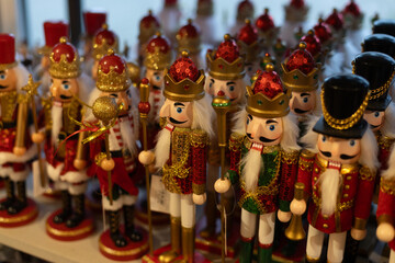 Christmas decorations close-up. Glass toys at the Christmas market