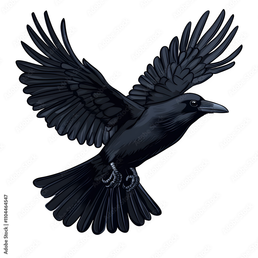 Poster realistic depiction of a black crow in flight with outstretched wings, set against a transparent bac