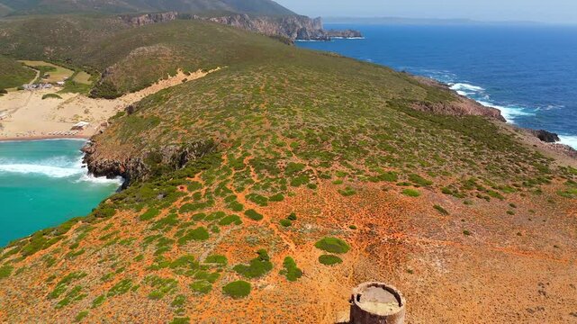 Aerial view on Cala Domestica Beach and landscape around. Sardinia, Italy