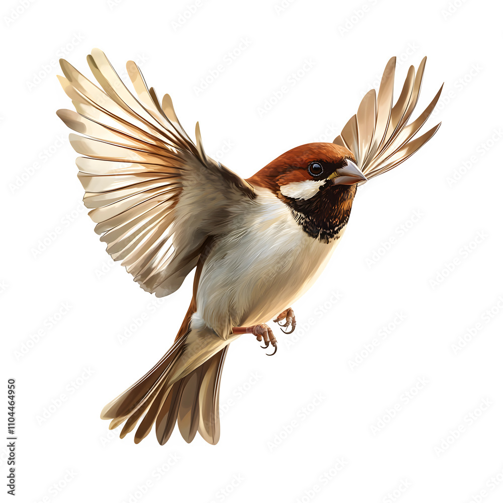 Poster eurasian tree sparrow in flight with spread wings - realistic digital painting on transparent backgr