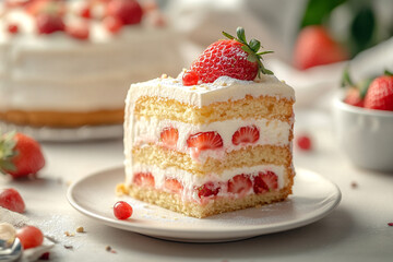 A slice of strawberry cake with whipped cream on top. 