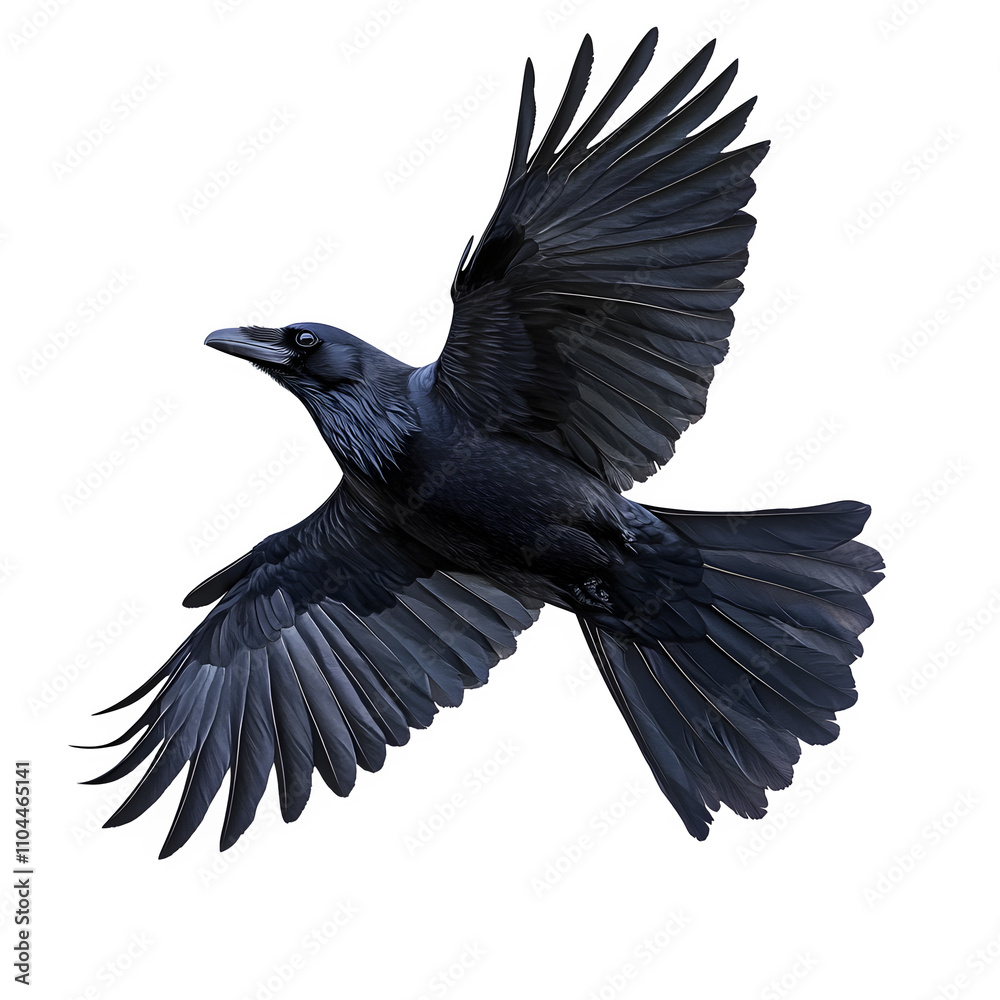 Poster realistic digital painting of a black crow flying with wide open wings on transparent background