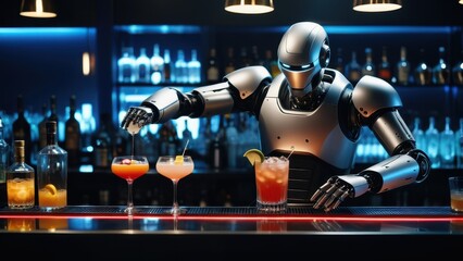 A humanoid robot sitting in a restaurant, holding a plate of food on the table, representing futuristic dining, robotics integration, and AI in service industries