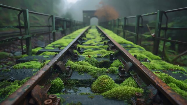 A train track covered in moss and water