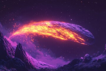 The image depicts a stunning meteor trailing bright flames across a rugged, mountainous alien landscape, evoking mystery and the lure of cosmic exploration.