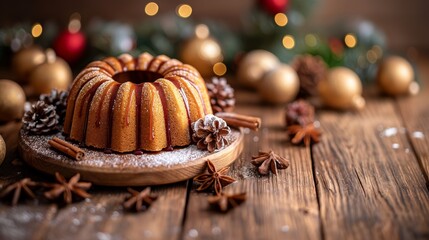 Fototapeta premium Festive Christmas cake surrounded by decorations on a rustic brown wooden background with bokeh, banner, empty space
