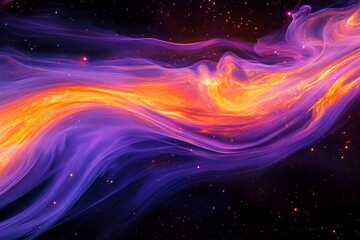 Fototapeta premium A mesmerizing wave of vibrant purple and orange streaks flows through a backdrop of stars, creating an ethereal and dynamic cosmic scene, filled with energy.