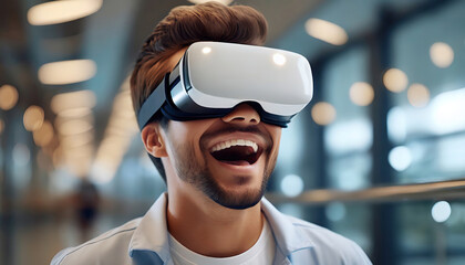 A man laughs while experiencing virtual reality in a modern space. His joy is palpable as he engages with immersive digital content, standing in a contemporary setting.