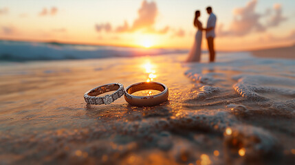 Beach proposal with wedding rings in the foreground and a couple in love during sunset