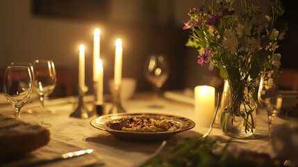 Elegant springtime Passover Seder table setting featuring traditional elements and soft candlelight