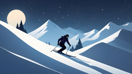 A minimalist background of snowy hills and a skier going down one of them during the night
