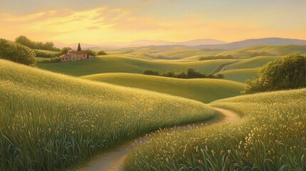 Obraz premium Tuscan Sunset Path Oil on Canvas, Rolling Hills, Golden Hour Landscape, Tuscan Countryside , Tuscany, Landscape Painting, Oil Painting