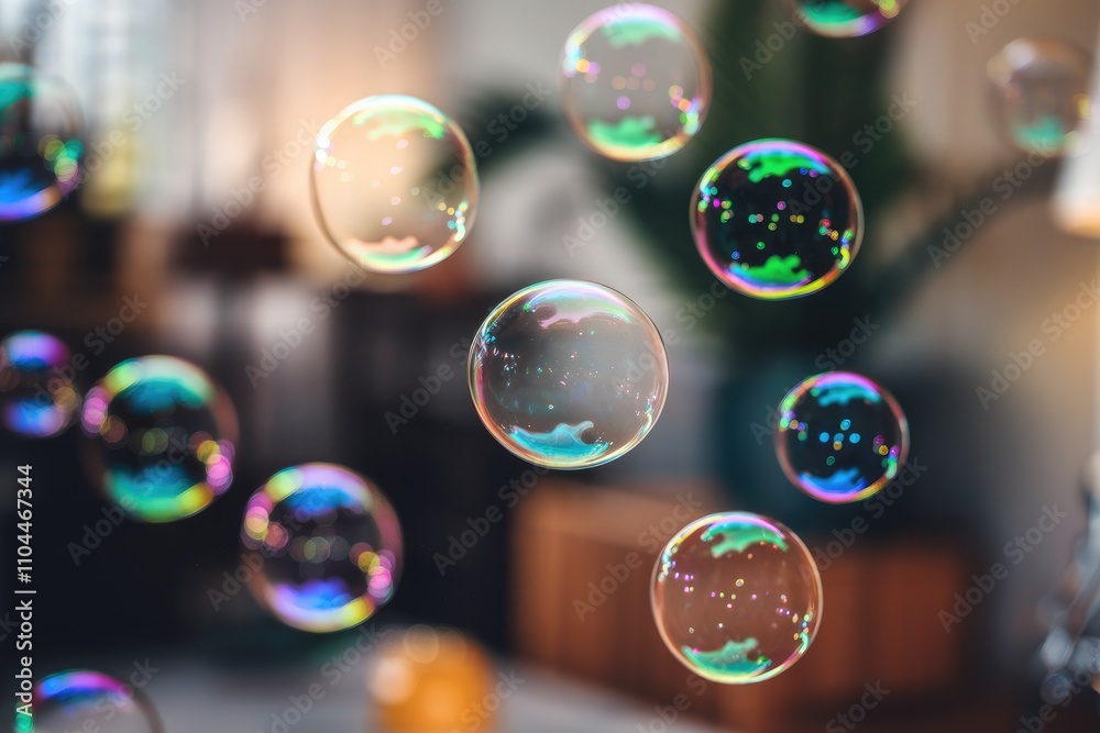 Poster Rainbow soap bubbles floating in the air with blurred background