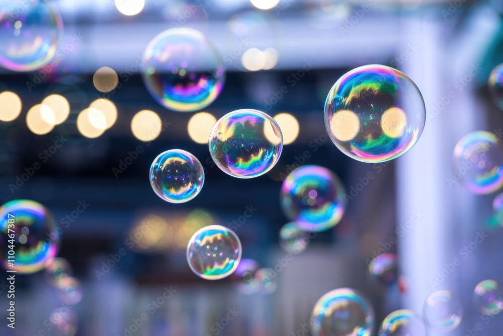 Poster floating soap bubbles reflecting city lights creating iridescent colors