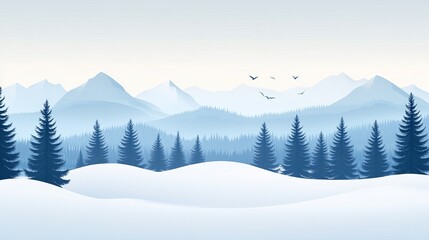 Obraz premium Serene Winter Landscape Vector Composition of Snowy Hills, Coniferous Forest, and Distant Mountains, Winter Scene, Cold Landscape, Vector Illustration Winter Landscape, Snowy Mountains