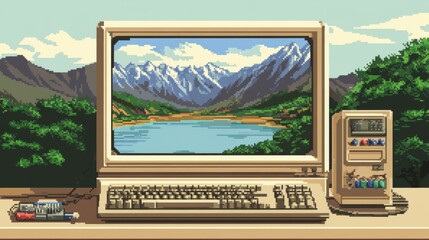 Pixel Art Perspective Mountain Lake on CRT Monitor, 8-bit Composition, Retro Computer, Digital Landscape. Retro Gaming, Pixel Art, 80s Aesthetic