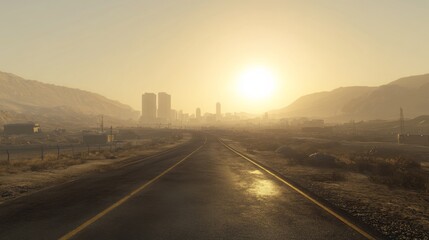 Obraz premium Post-Apocalyptic Sunset Highway First-Person View, Desolate Road Composition, City Skyline in Hazy Distance, Golden Hour Lighting. Post-apocalyptic, Desert, Dystopian