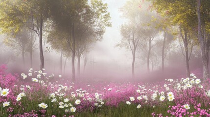 Naklejka premium Misty Meadow Digital Painting of a Flowery Forest, Pink and White Daisies, Trees in Fog, Dreamy Landscape, digital art, fantasy art Digital Painting, Fantasy Art
