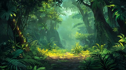 Lush Jungle Path Digital Painting, Green Foliage, Mystical Forest, path, jungle, rainforest