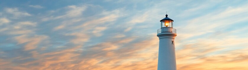 Obraz premium Low Angle View Illuminated Lighthouse at Sunset, White Cylindrical Structure, Dramatic Sky, Hope, Guidance, Navigation Lighthouse, Sunset