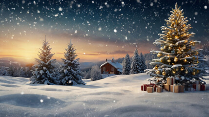 Christmas Background With Snowflakes And Christmas Tree
