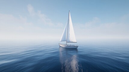 Obraz premium High-Angle View Sailboat on Calm Ocean, Single Sail, Blue Water, Serenity Concept, 3D Render Sailboat, Ocean, Serenity