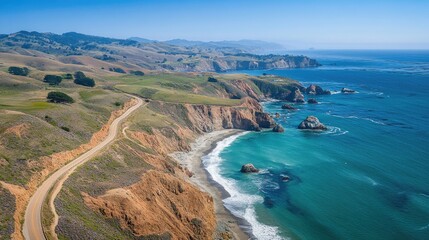 Highway 1 winding along the scenic california coastline on a sunny day