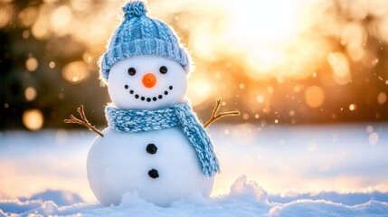 Obraz premium Front View Composition Sunny Snowman in Blue Hat and Scarf, Winter Wonderland Scene, Snow, Bokeh Snowman, Winter, Holiday
