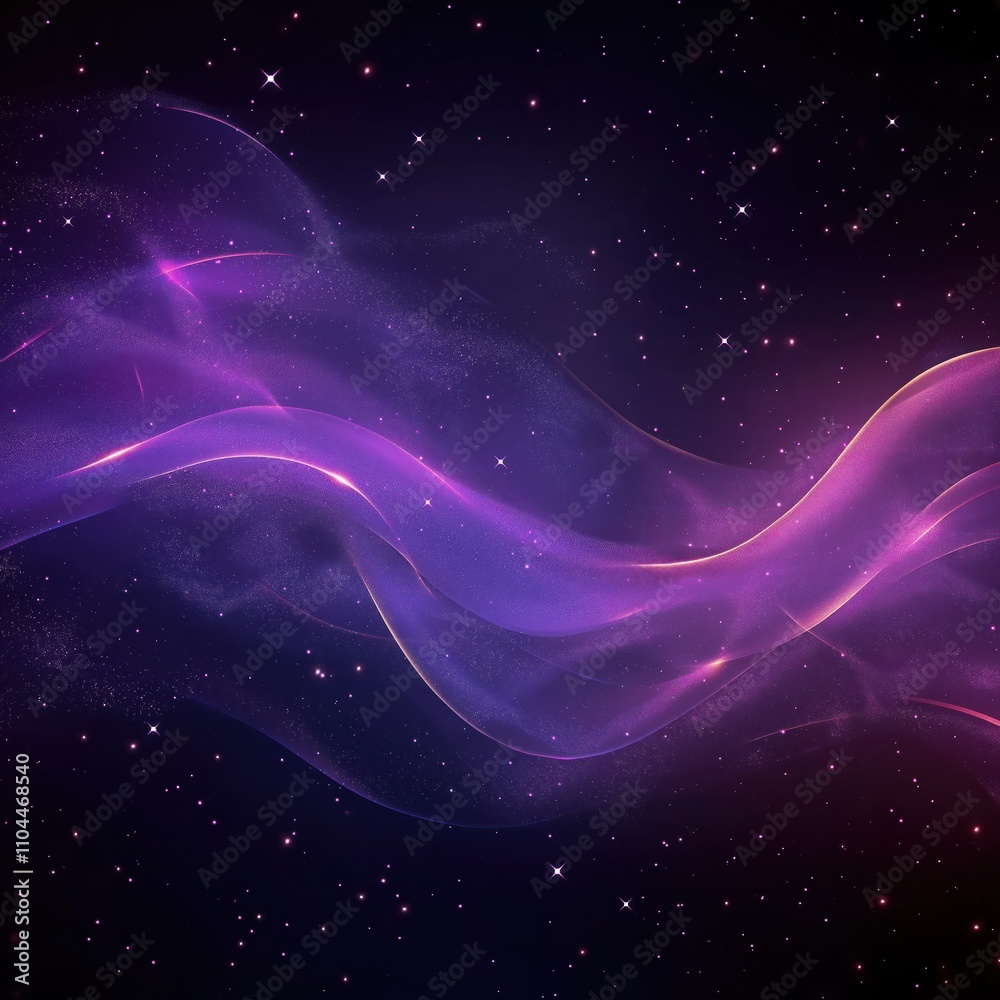 Poster Abstract purple waves in space. Glowing particles, stars. Dynamic motion design background. Ideal for futuristic magical themes. Applicable for posters, websites, digital art projects. Suitable for