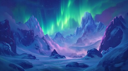 Fototapeta premium Elevated View Aurora Borealis over Snowy Mountains, Digital Painting, Purple and Green Hues, Arctic Landscape, Winter Wonderland. Aurora, Mountains, Winter