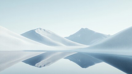 Elevated Perspective Serene Glacial Lake and Mountain Reflection, 3D Render, Minimalist Winter Landscape, White Blue Hues Keywords Winter landscape, 3D render, minimalism