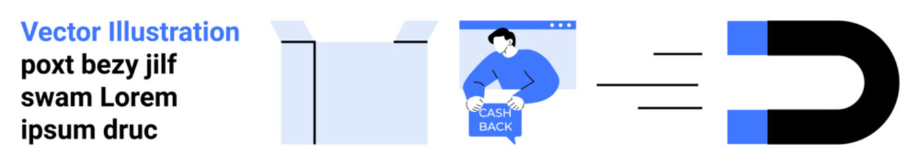 Magnet icon attracting visuals of email and user interacting with cashback offer. Ideal for marketing, customer engagement, lead generation, email campaigns, website design, digital advertising