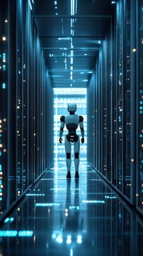 Robot en pasillo tecnol&oacute;gico con luces azules